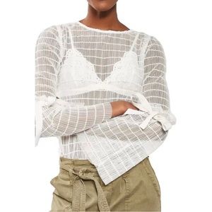 Sheer Mesh Layering Longsleeve Blouse Top See-Through Shirt Stripe Pleats Lace M